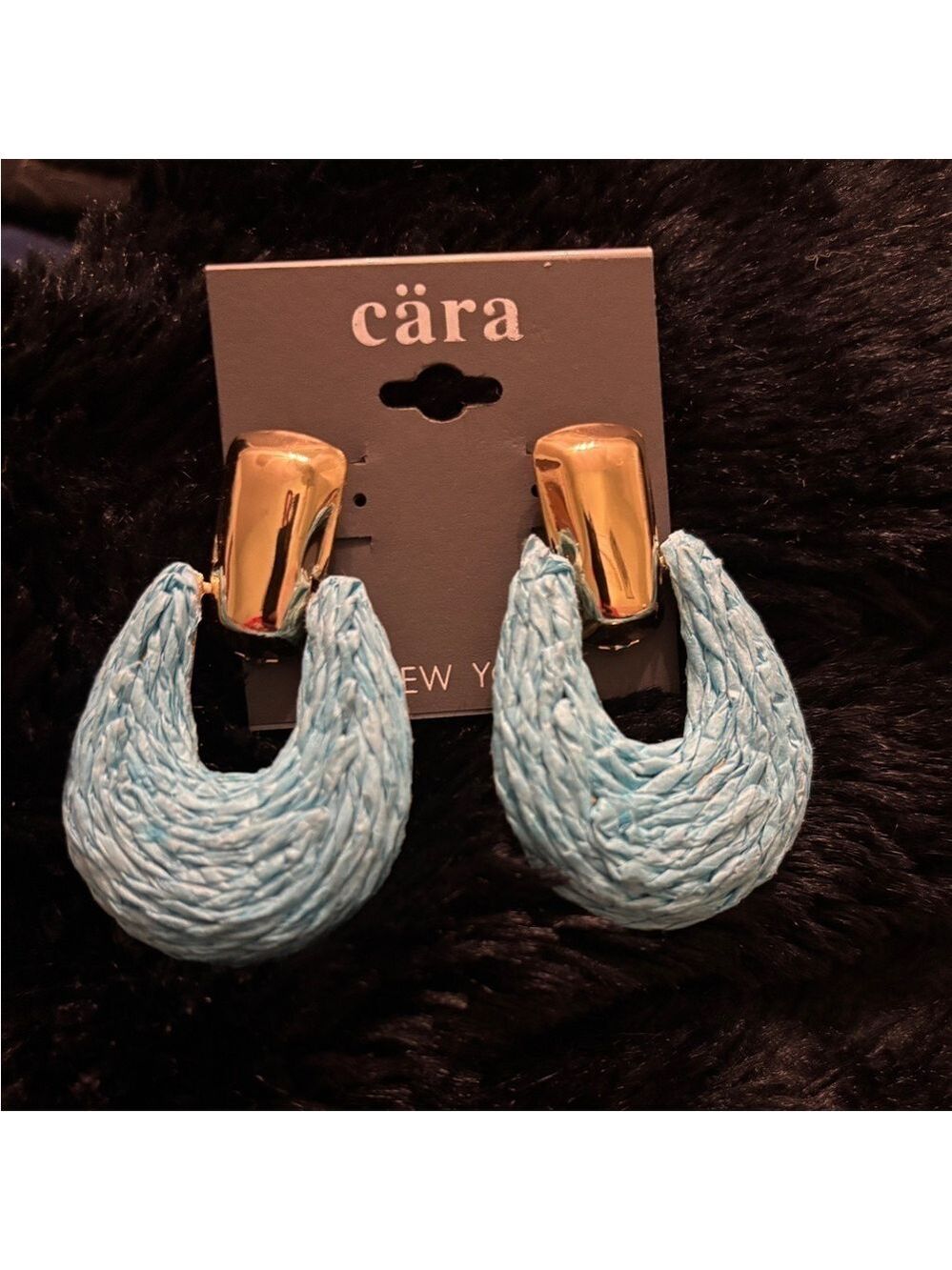 Cara NY Blue Raffia Woven Teardrop Earrings Gold Tone